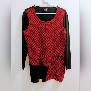 Alison Sheri VTG Red Black Polka Dot Tunic Top Asymmetric Textured Puffy Knit S